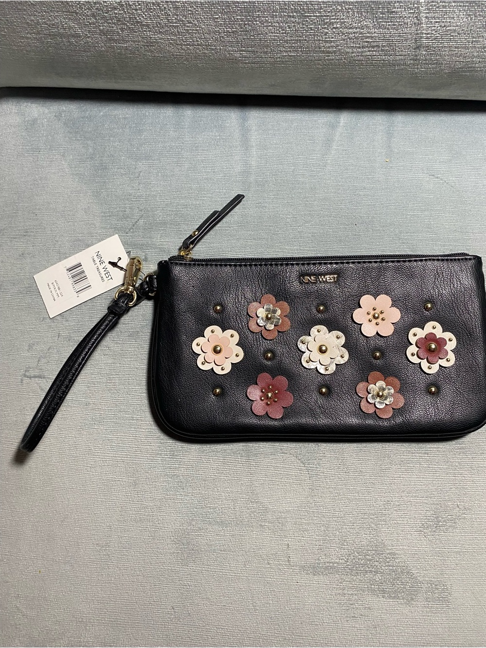 Nine West Black Wristlet Clutch with Floral Appliqués, Table Treasures